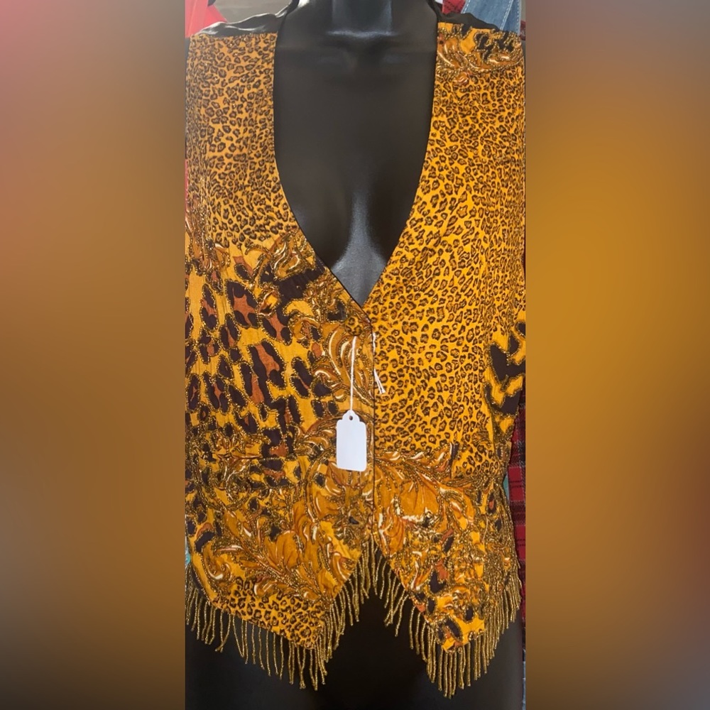 Vintage animal print jungle safari beaded vest 90s 1990s by Charity size Small